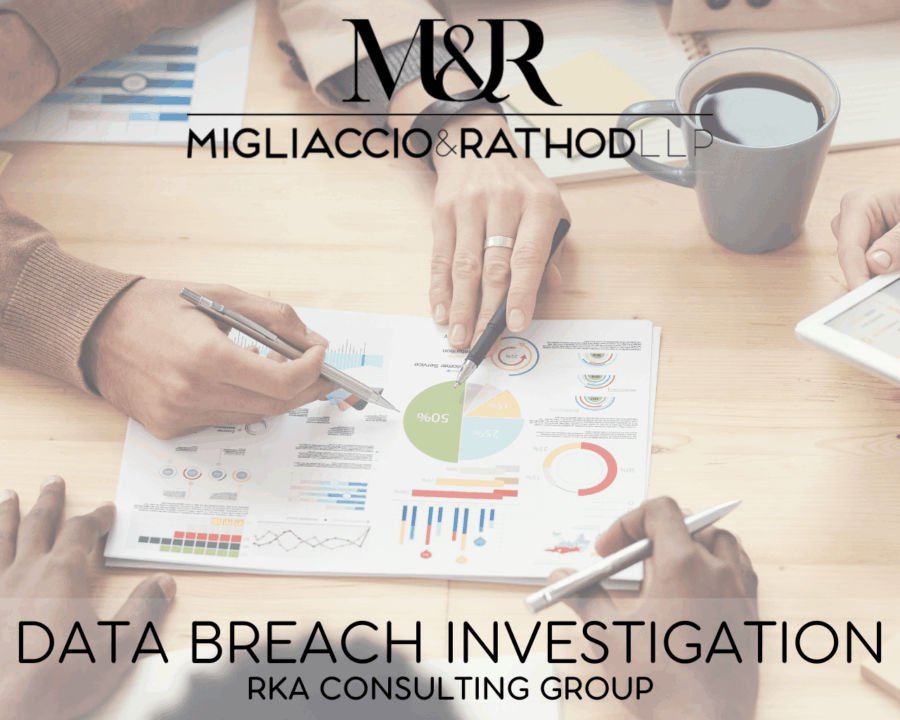 Graphic announcing the RKA Consulting Data Breach, showing the Migliaccio & Rathod LLP Logo and an image of a team consulting on an issue.