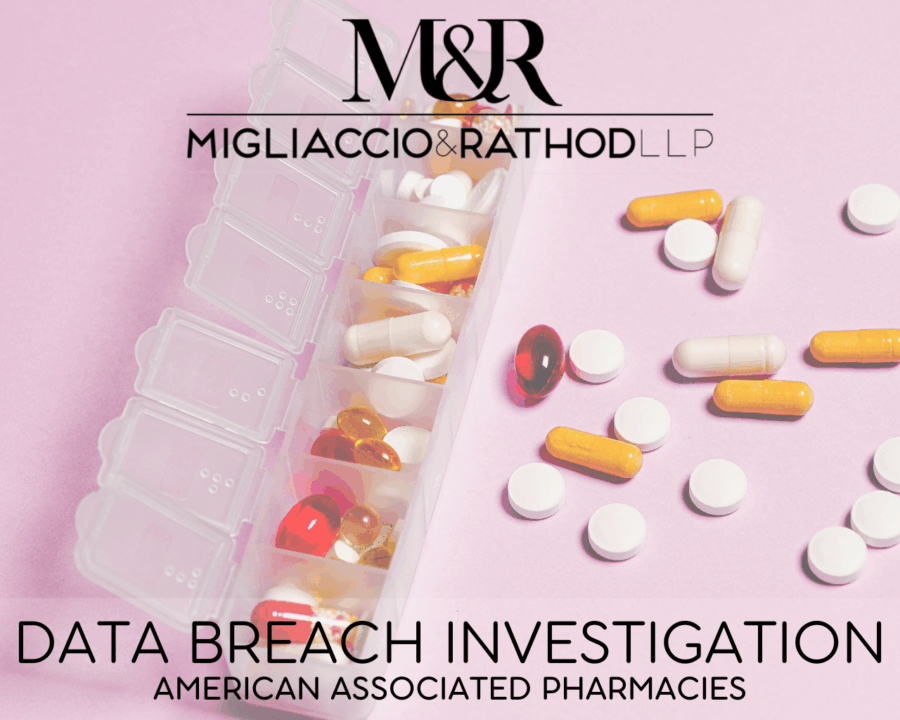 Graphic announcing the American Associated Pharmacies Data Breach investigation, featuring the Migliaccio & Rathod LLP logo and a background image of a pill box.