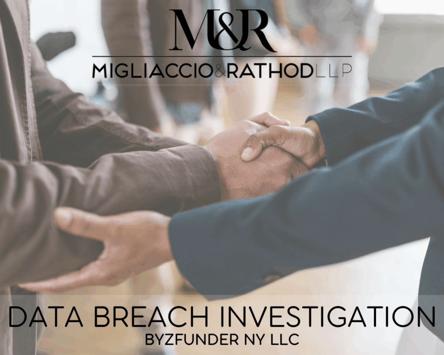 Graphic announcing the Byzfunder data breach, featuring the Migliaccio & Rathod LLP logo and a background image of people shaking hands.