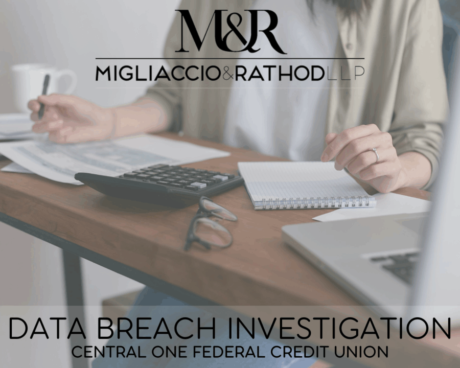 Graphic announcing the Central One Federal Credit Union data breach investigation, featuring the Migliaccio & Rathod LLP logo and a background image of a woman doing calculations.