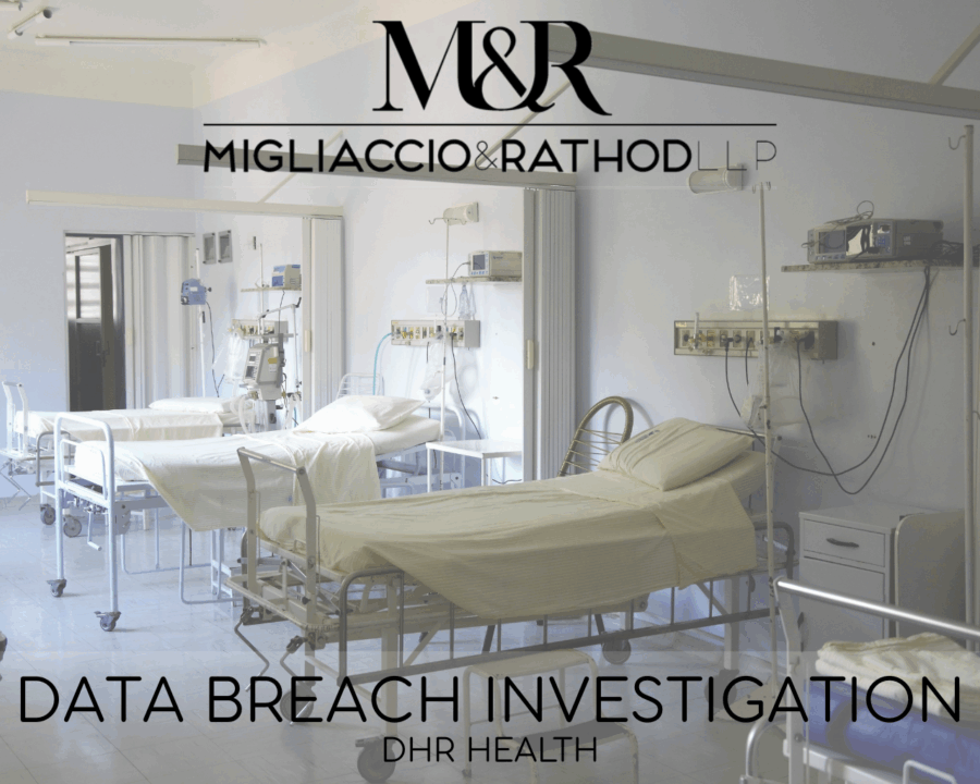 Graphic announcing the DHR Health Data Breach Investigation, featuring the Migliaccio & Rathod LLP logo and a background image of a hospital.