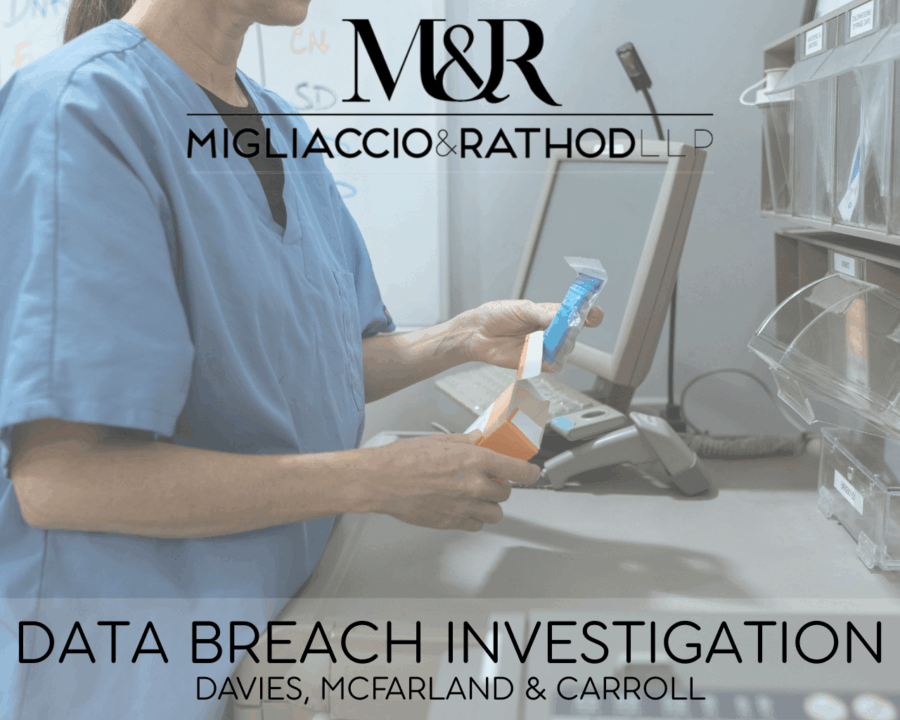 Graphic announcing the Davies, McFarland & Carroll Data Breach Investigation, featuring the Migliaccio & Rathod logo and a background image of hospital organization.
