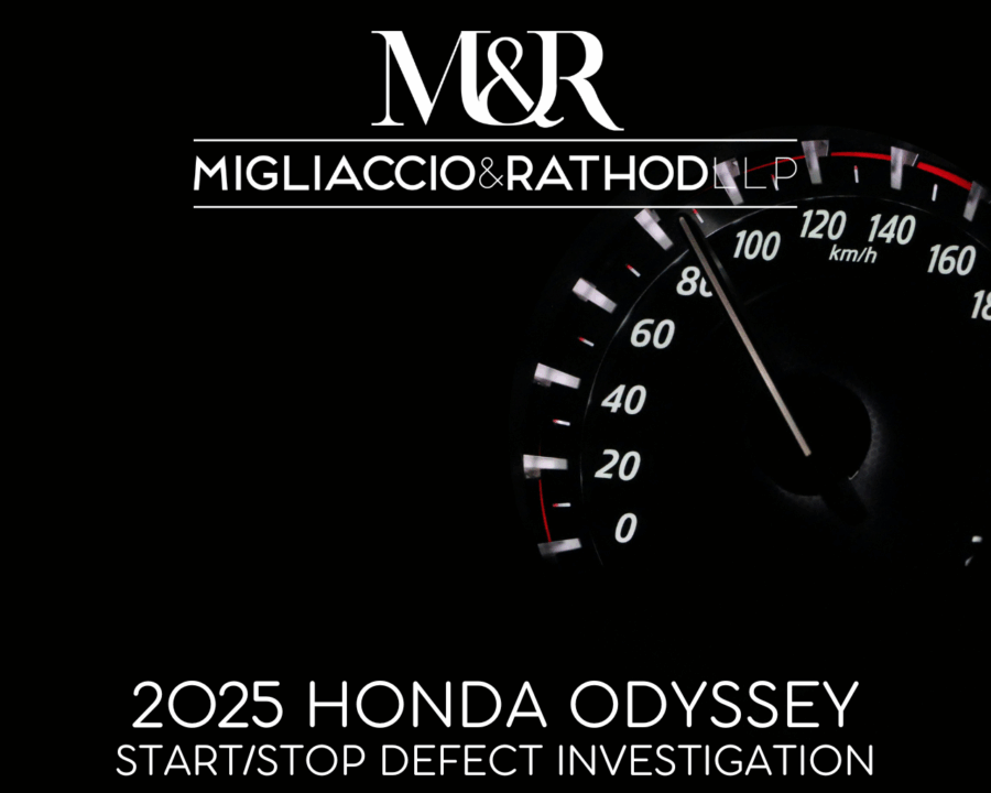 Graphic announcing the 2025 Honda Odyssey Start/Stop System Defect investigation, featuring the Migliaccio & Rathod LLP logo and a background image of a speedometer.