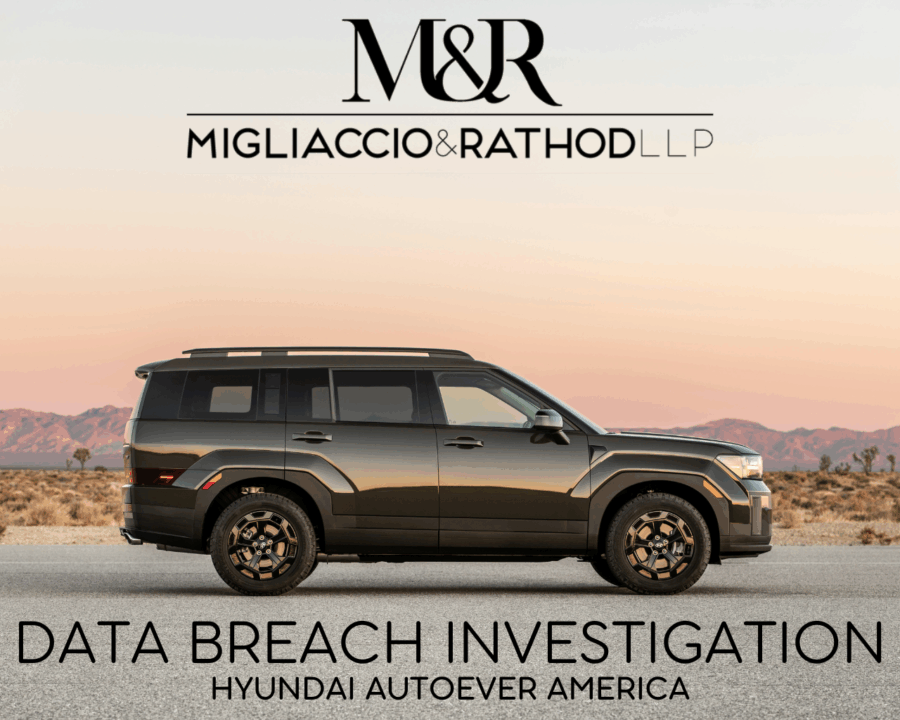 Graphic announcing the Hyundai AutoEver America data breach investigation, featuring the Migliaccio & Rathod LLP logo and a background image of a car.