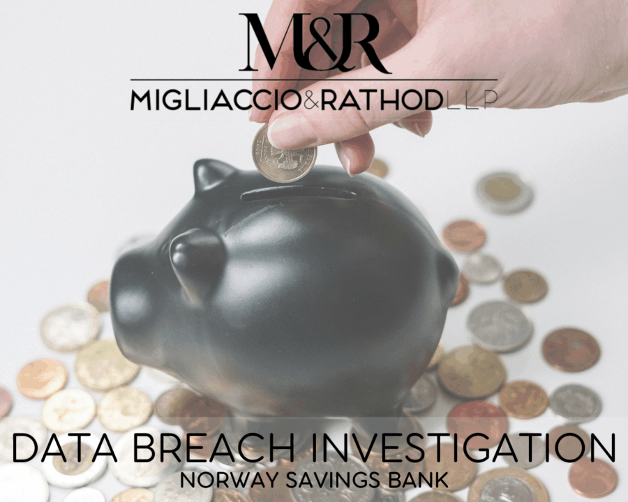 Graphic announcing the Norway Savings Bank Data Breach Investigation, featuring the Migliaccio & Rathod LLP logo and a background image of a piggy bank.