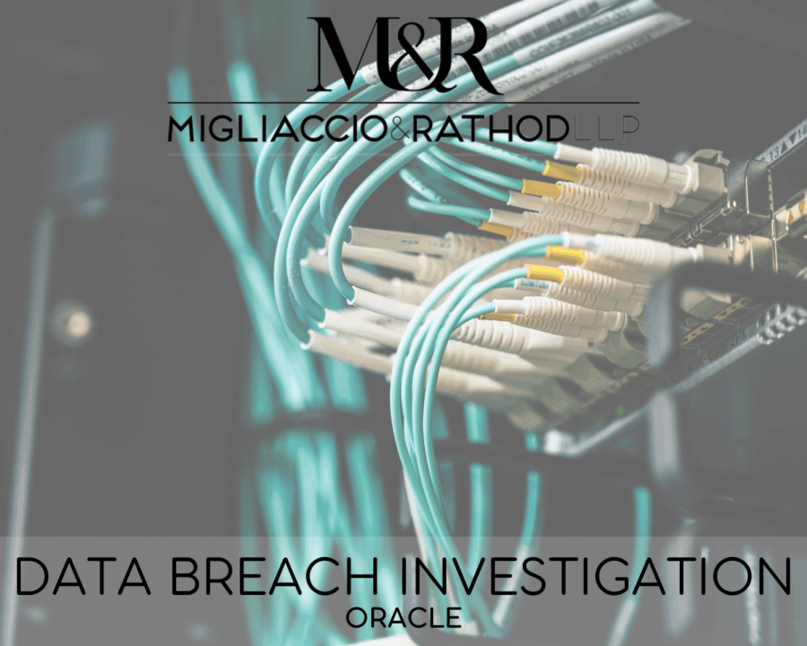 Graphic announcing the Oracle Data Breach, featuring the Migliaccio & Rathod LLP logo and a background image of wires connected to a computer.