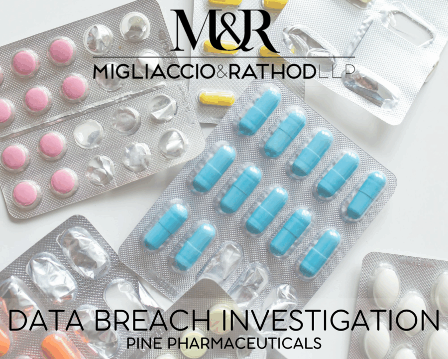 Graphic announcing the possible Pine Pharmaceuticals Data Breach, featuring the Migliaccio & Rathod LLP logo and a background image of assorted medications.