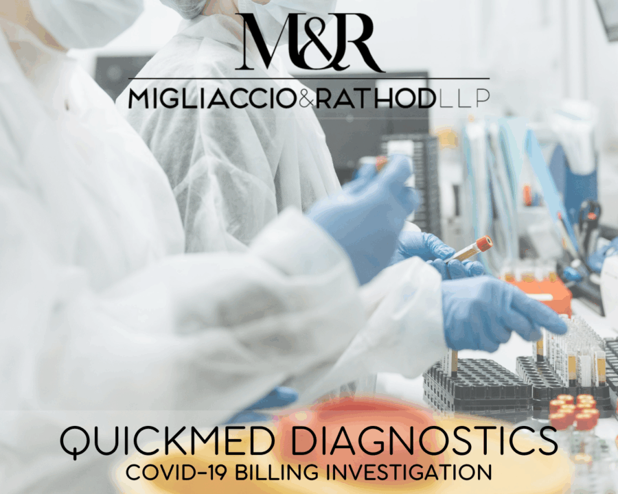 Graphic announcing the QuickMed Diagnostics Billing Investigation, featuring the Migliaccio & Rathod LLP logo and a background image of lab testing.