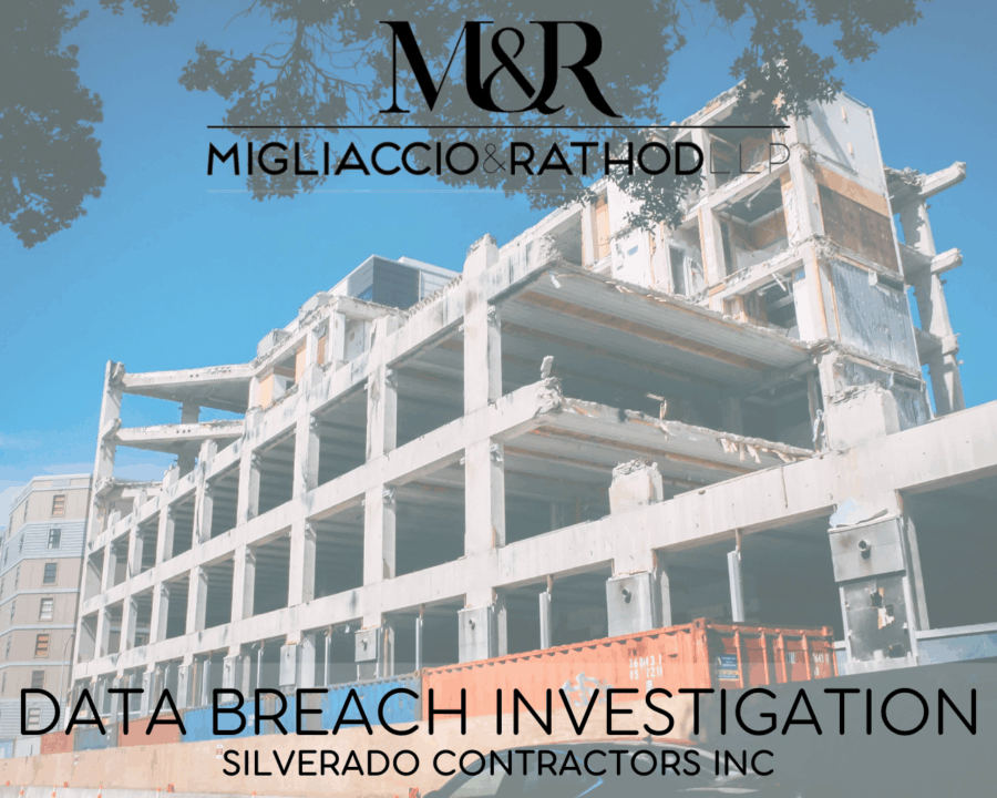 Graphic announcing the Silverado Data Breach, featuring the Migliaccio & Rathod LLP logo and a background image of a building demolition.