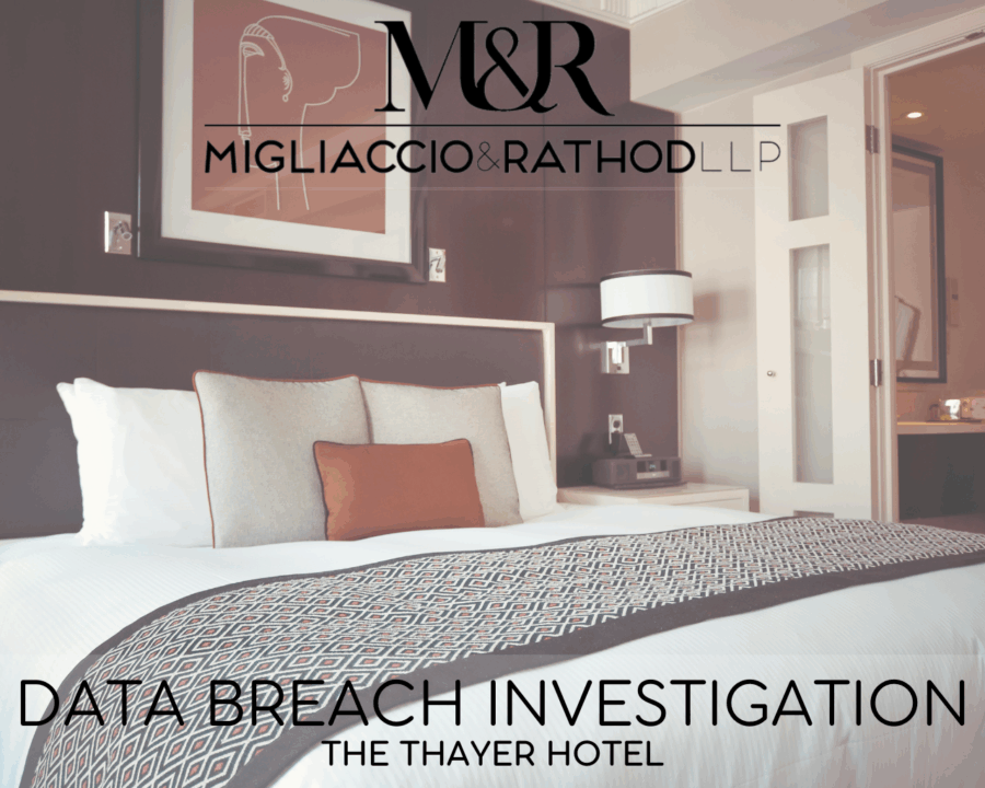 Graphic announcing the Thayer Hotel data breach, featuring the Migliaccio & Rathod LLP logo and a background image of a hotel room.