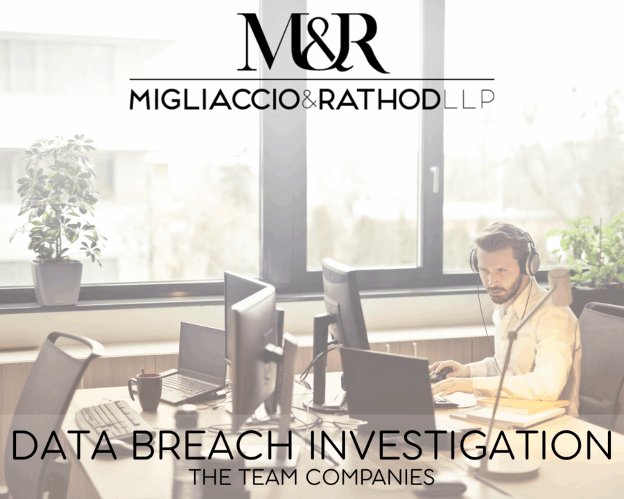 Graphic announcing The TEAM Companies Data Breach Investigation, featuring the Migliaccio & Rathod LLP logo and a background image of an office with computers.