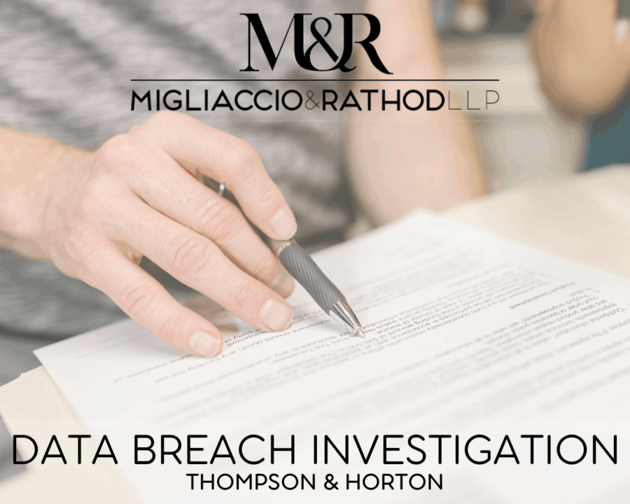 Graphic announcing the Thompson & Horton data breach, featuring the Migliaccio & Rathod LLP logo and a background image of someone signing a contract.