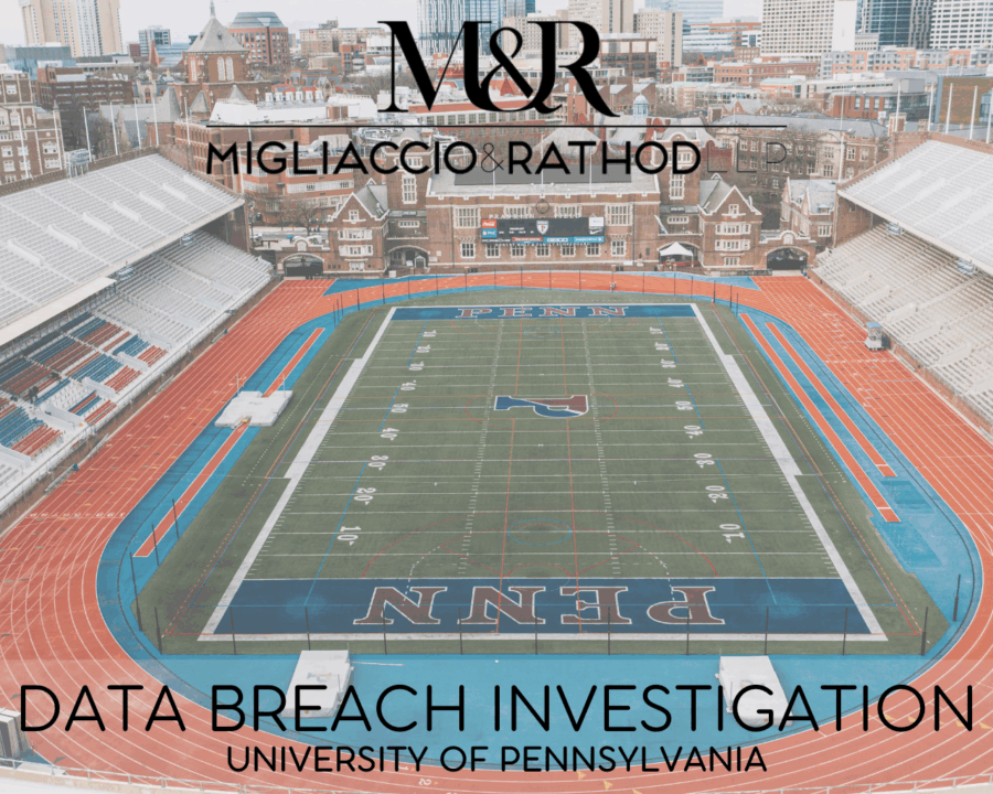 Graphic announcing the University of Pennsylvania Data Breach Investigation, featuring the Migliaccio & Rathod LLP logo and an image of the University of Pennsylvania football field.