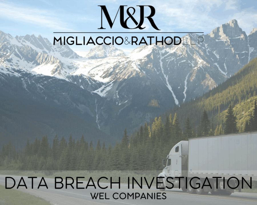 Graphic announcing the WEL Companies Data Breach, featuring the Migliaccio & Rathod LLP logo and a background image of a truck driving in the mountains.