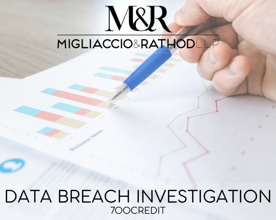 Graphic announcing the 700Credit Data Breach Investigation, featuring the Migliaccio & Rathod LLP logo and a background image of a chart.