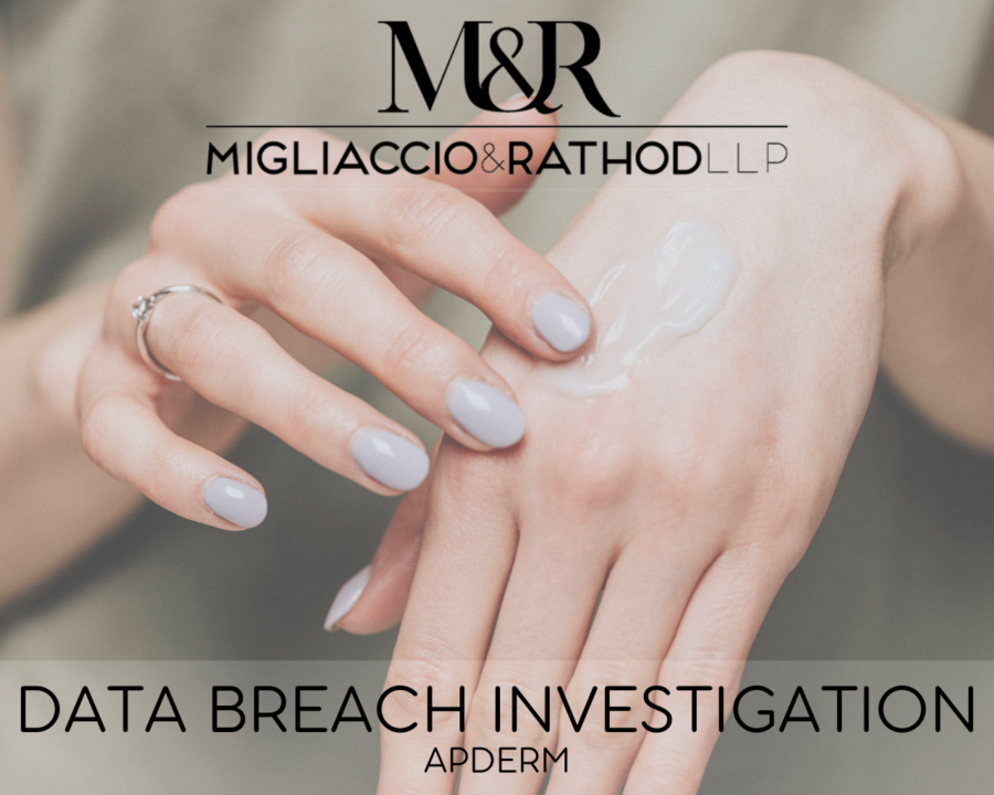 Graphic announcing the APDerm data breach investigation, featuring the Migliaccio & Rathod LLP logo and a background image of someone putting on hand lotion.