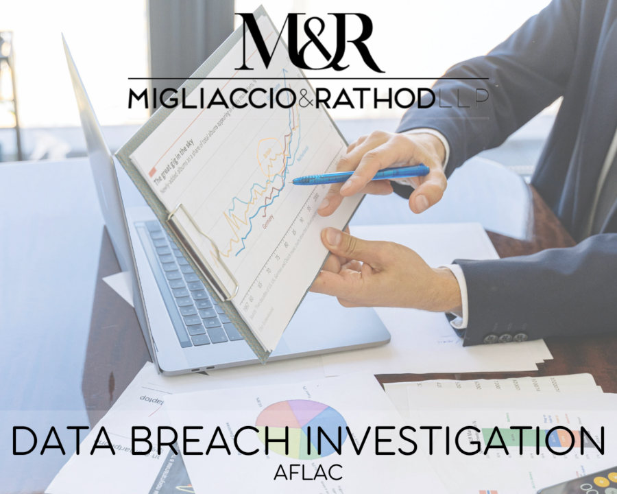 Graphic announcing the Aflac data breach investigation, featuring the Migliaccio & Rathod LLP logo and a background image of an insurance conversation.