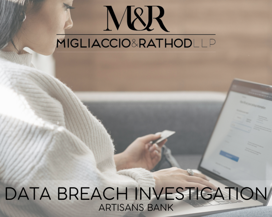 Graphic announcing the Artisans' Bank data breach investigation, featuring the Migliaccio & Rathod LLP logo and a background image of someone checking their credit card online.