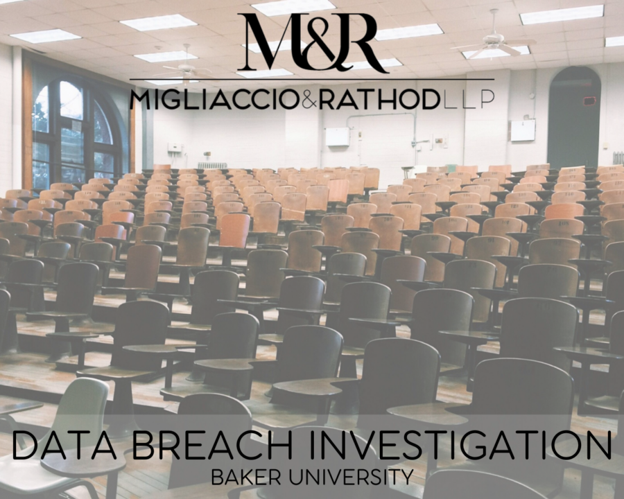 Graphic announcing the Baker University data breach, featuring the Migliaccio & Rathod LLP logo and a background image of a college classroom.