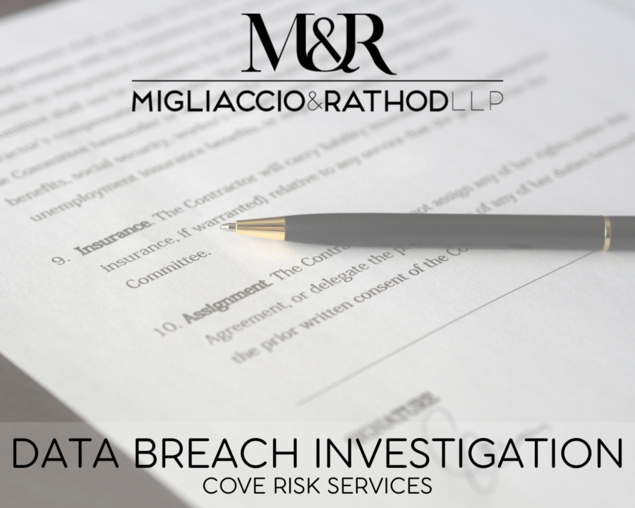 Graphic announcing the Cove Risk Services data breach investigation, featuring the Migliaccio & Rathod LLP logo and a background image of an insurance agreement.