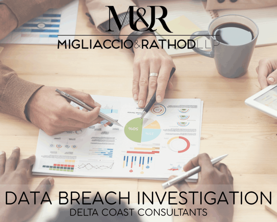 Graphic announcing the Delta Coast Consultants Data Breach Investigation, featuring the Migliaccio & Rathod logo and a background image of people reviewing some charts.