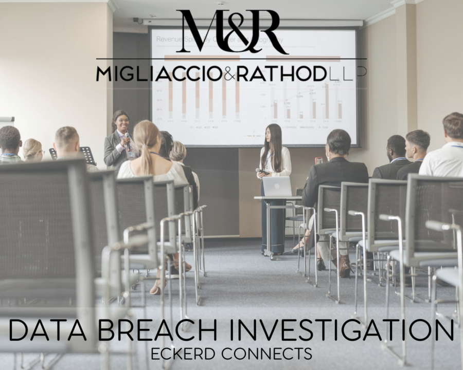 Graphic announcing the Eckerd Connects data breach investigation, featuring the Migliaccio & Rathod LLP logo and a background image of a job training.