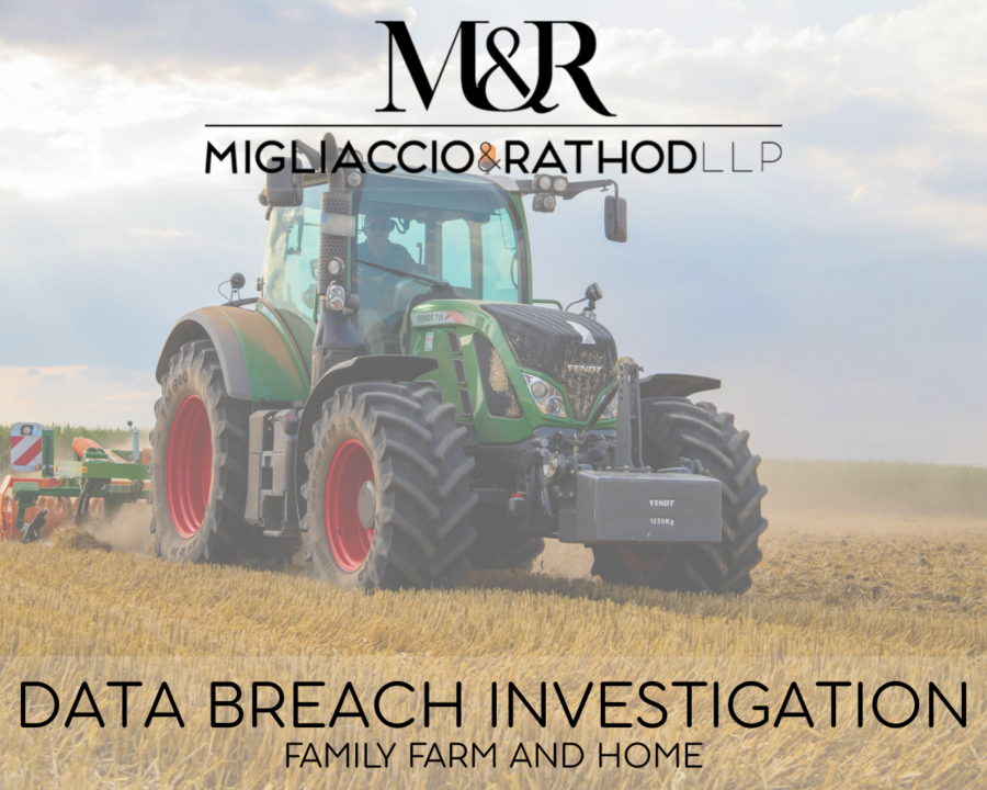 Graphic announcing the Family Farm and Home data breach investigation, featuring the Migliaccio & Rathod LLP logo and a background image of a tractor.