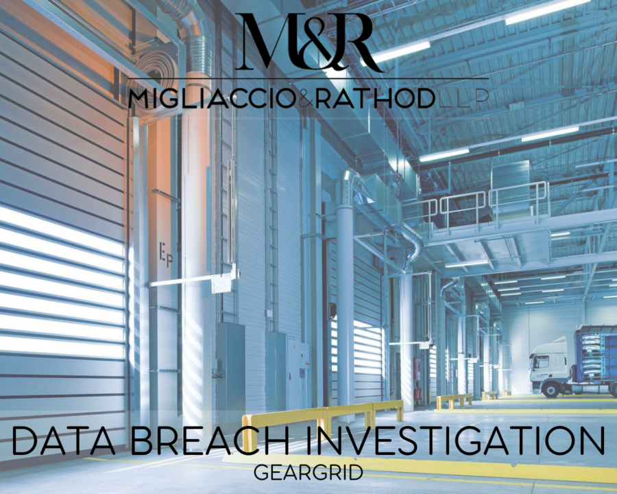 Graphic announcing the GearGrid Data Breach Investigation, featuring the Migliaccio & Rathod LLP logo and a background image of a storage facility.