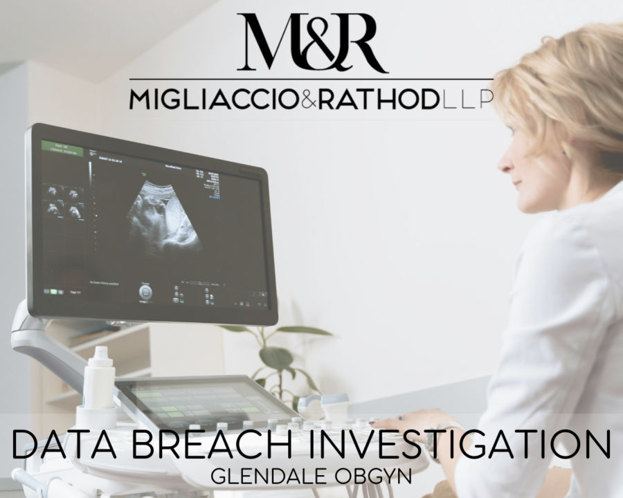 Graphic announcing the Glendale OBGYN Data Breach Investigation, featuring the Migliaccio & Rathod LLP logo and a background image of an ultrasound.