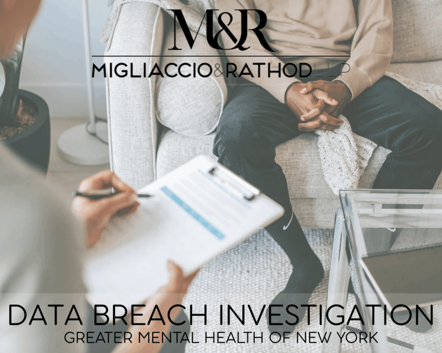 Graphic announcing the Great Mental Health of New York Data Breach Investigation, featuring the Migliaccio & Rathod LLP logo and a background image of a therapy session.