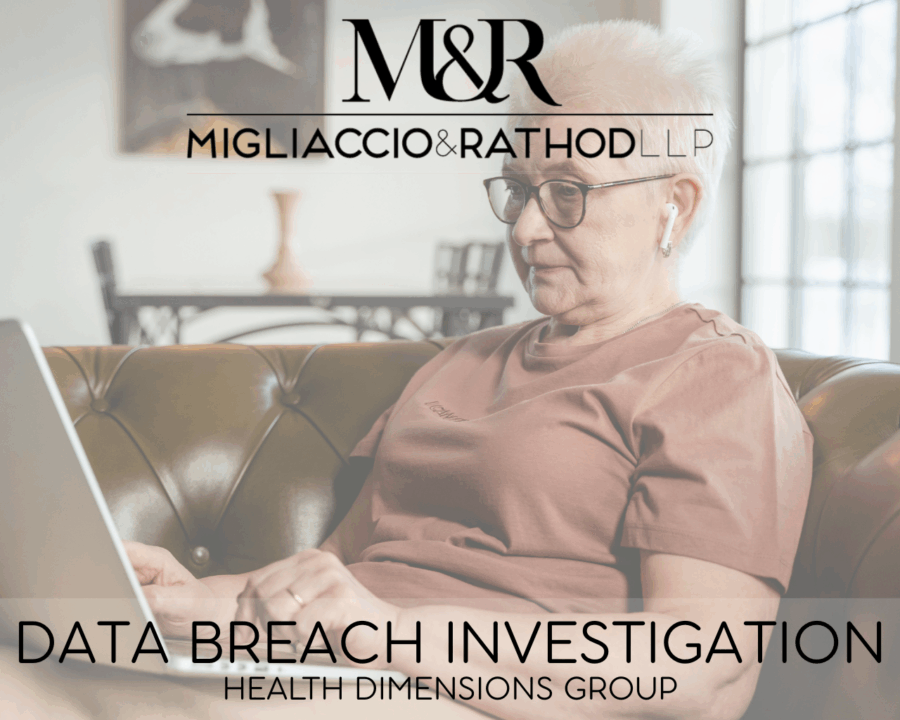 Graphic announcing the Health Dimensions Group Data Breach Investigation, featuring the Migliaccio & Rathod LLP logo and a background image of an elderly woman.