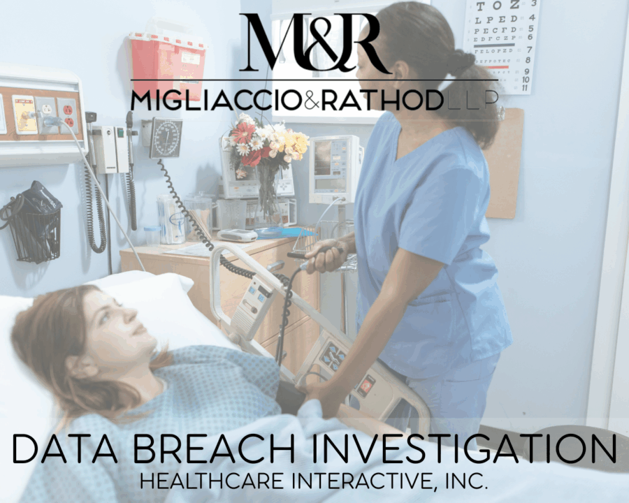 Graphic announcing the Healthcare Interactive, Inc. Data Breach, featuring the Migliaccio & Rathod LLP logo and a background image of a nurse.