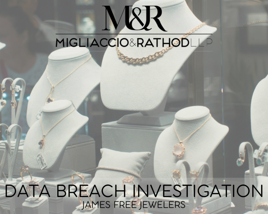 Graphic announcing the James Free Jewelers Data Breach Investigation, featuring the Migliaccio & Rathod LLP logo and a background image of jewelry on display.