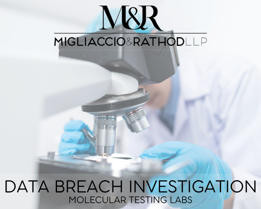 Graphic announcing the Molecular Testing Labs data breach investigation, featuring the Migliaccio & Rathod LLP logo and a background image of a microscope.