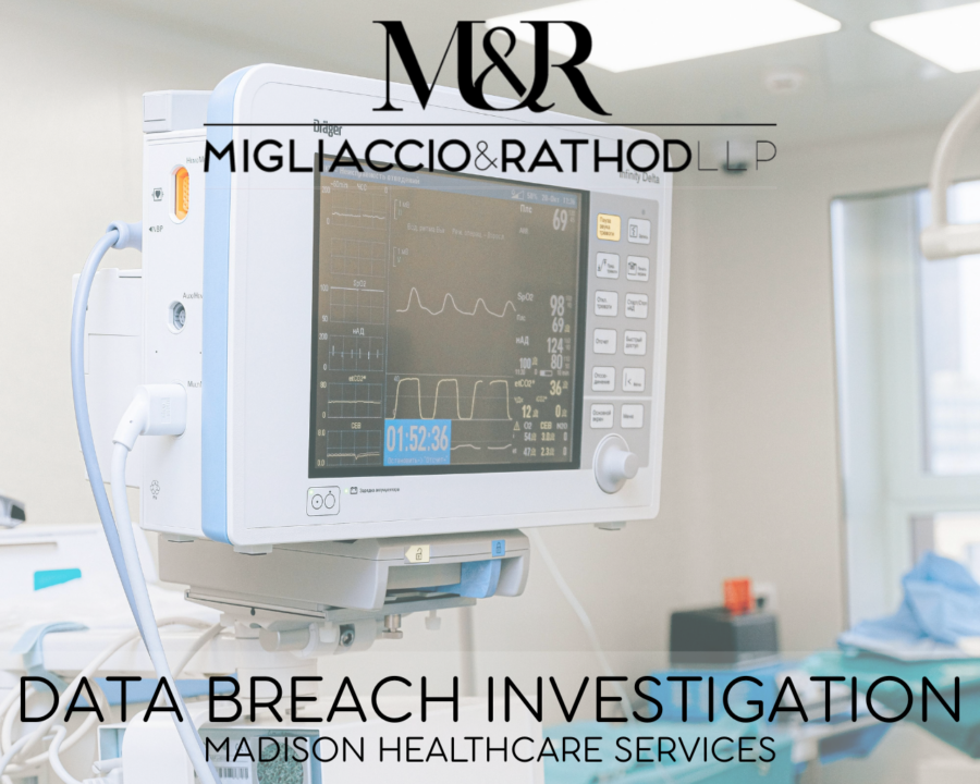 Graphic announcing the Madison Healthcare Services data breach investigation, featuring the Migliaccio & Rathod LLP logo and a background image of a hospital.
