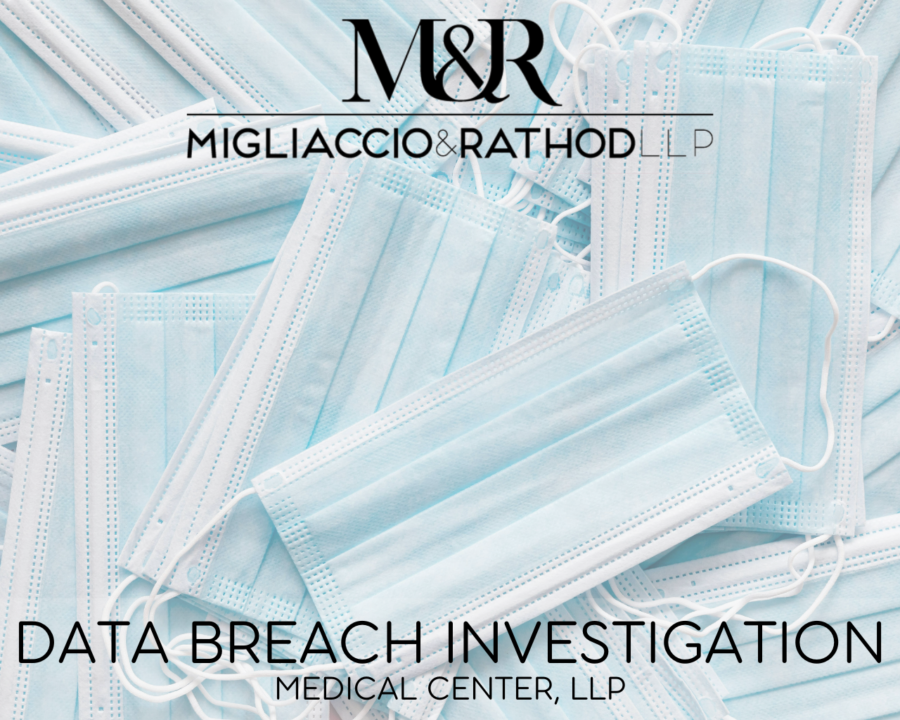Graphic announcing the Medical Center Data Breach Investigation, featuring the Migliaccio & Rathod LLP logo and a background image of medical masks.