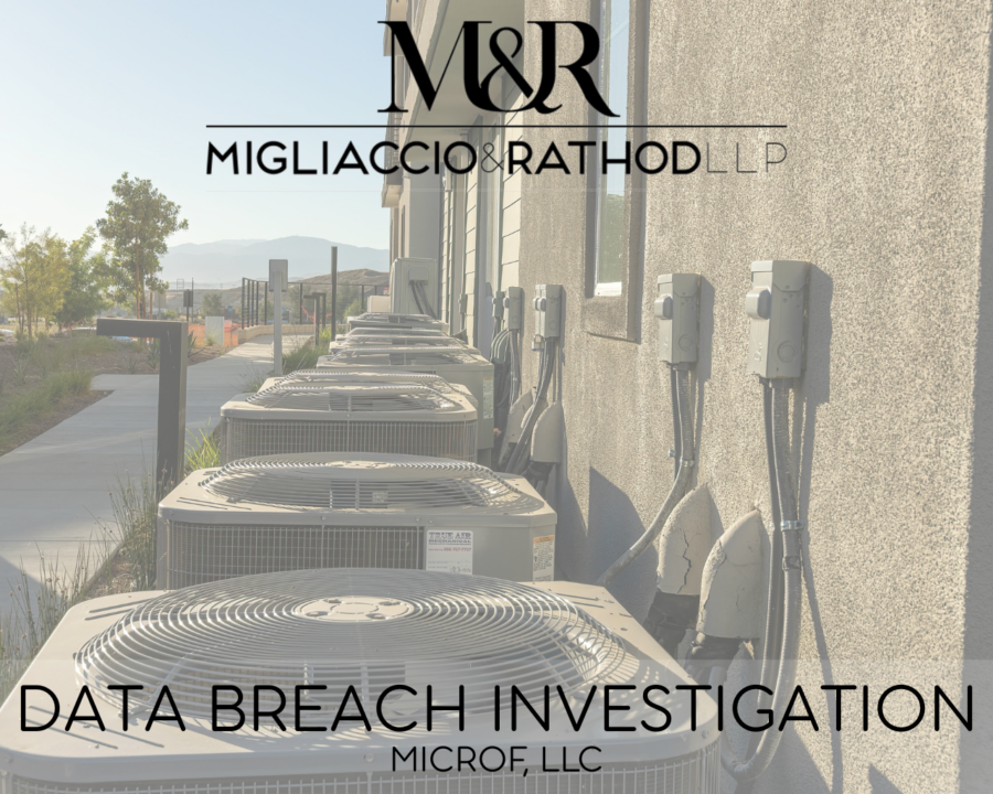 Graphic announcing the Microf Data Breach Investigation, featuring the Migliaccio & Rathod LLP logo and a background image of HVAC systems.