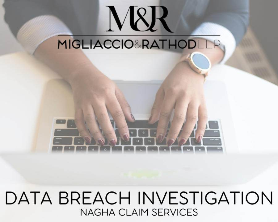 Graphic announcing the NAGHA Claim Services Data Breach, featuring the Migliaccio & Rathod LLP logo and a background image of someone typing on a computer.