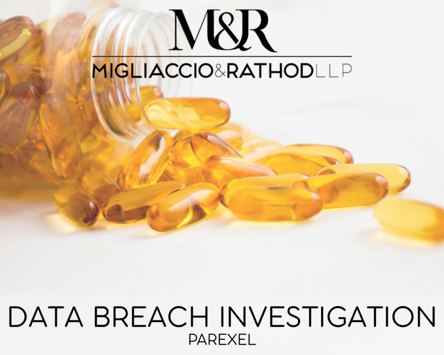 Graphic announcing the Parexel Data Breach Investigation, featuring the Migliaccio & Rathod LLP logo and a background image of pills.
