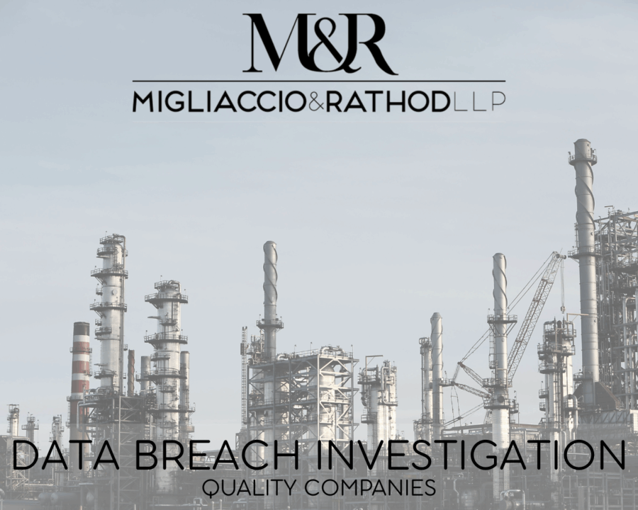 Graphic announcing the Quality Companies Data Breach Investigation, featuring the Migliaccio & Rathod LLP logo and a background image of an oil refinery.