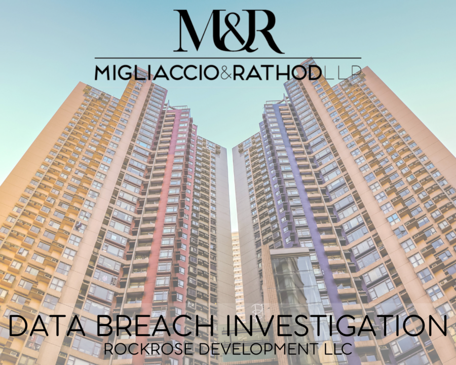 Graphic announcing the Rockrose Data Breach Investigation, featuring the Migliaccio & Rathod LLP logo and a background image of an urban building.