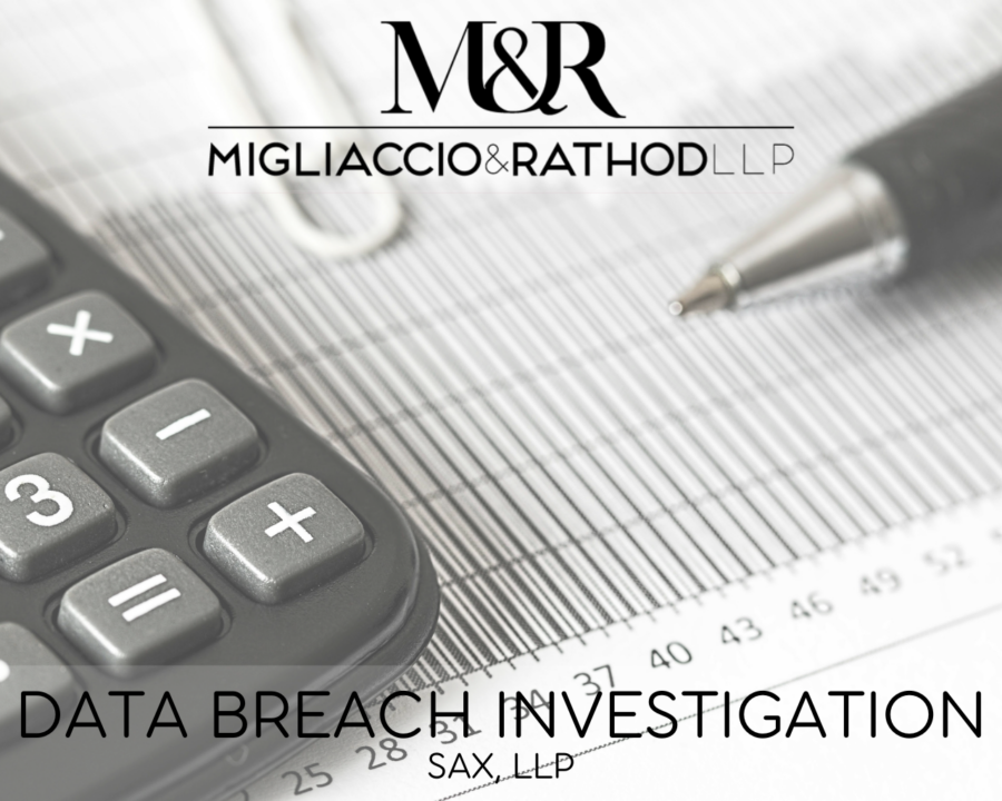 Graphic announcing the Sax Data Breach Investigation, featuring the Migliaccio & Rathod LLP logo and a background image of a calculator and pen.