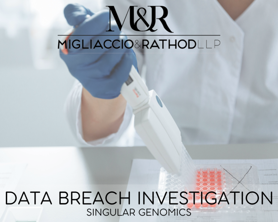 Graphic announcing the Singular Genomics data breach investigation, featuring the Migliaccio & Rathod LLP logo and a background image of scientific research.