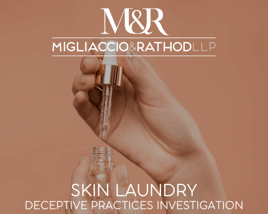 Graphic announcing the Skin Laundry Deceptive Practice Investigation, featuring the Migliaccio & Rathod LLP logo and a background image of skincare products.