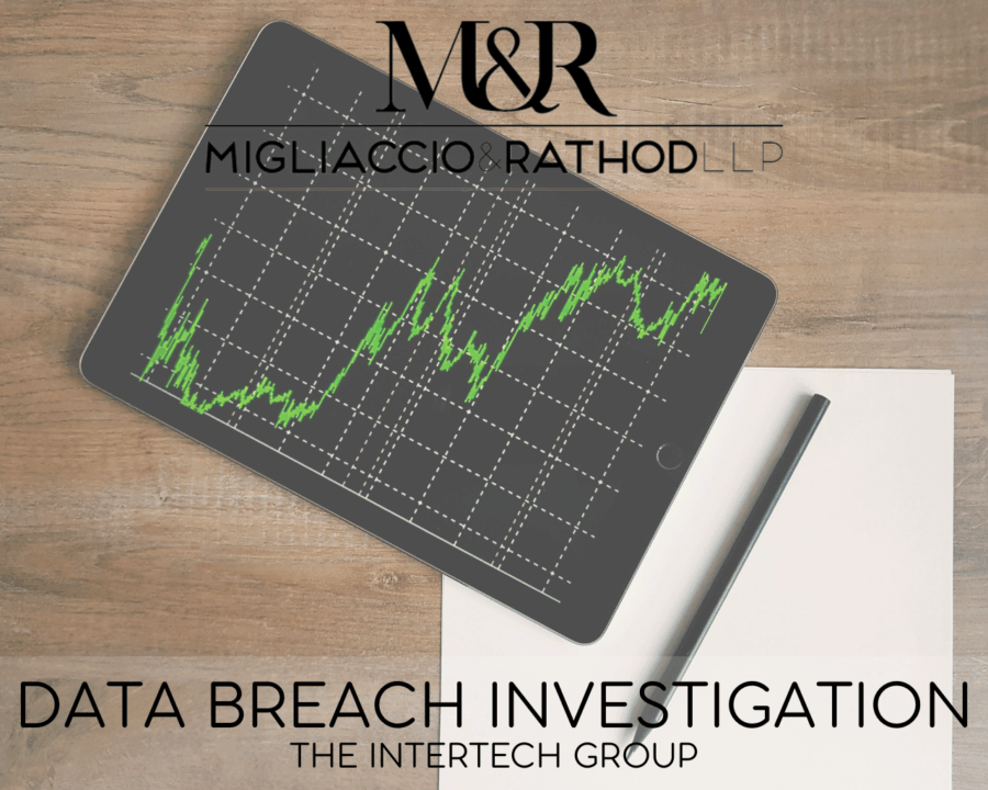 Graphic announcing The InterTech Group Data Breach investigation, featuring the Migliaccio & Rathod LLP logo and a background image of a stock chart.