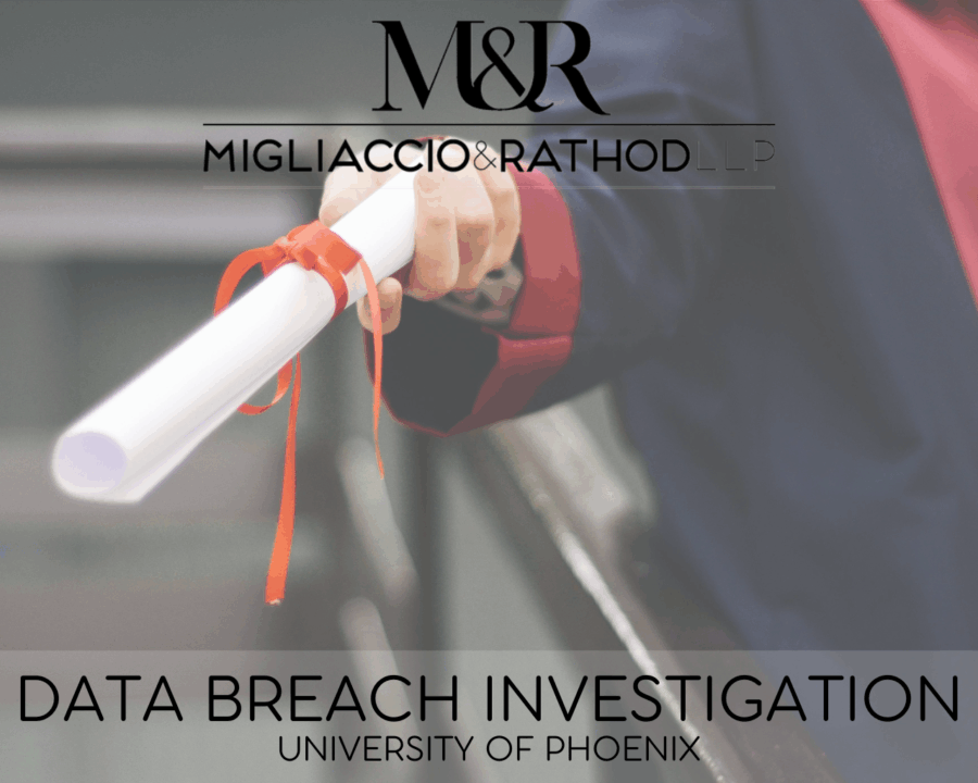 Graphic announcing the University of Phoenix Data Breach Investigation, featuring the Migliaccio & Rathod LLP logo and a background image of a diploma being handed out.