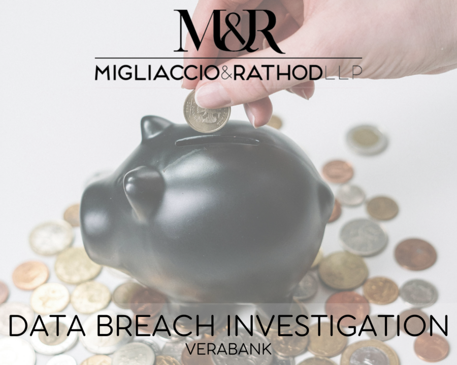Graphic announcing the VeraBank Data Breach Investigation, featuring the Migliaccio & Rathod LLP logo and a background image of a piggybank.