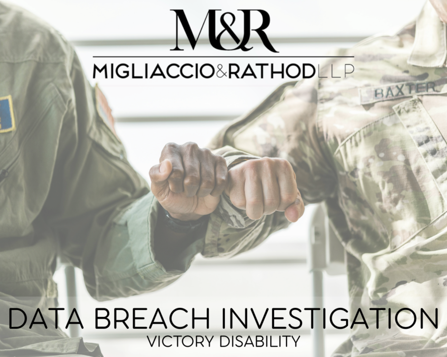 Graphic announcing the Victory Disability data breach investigation, featuring the Migliaccio & Rathod LLP logo and a background image of veterans.