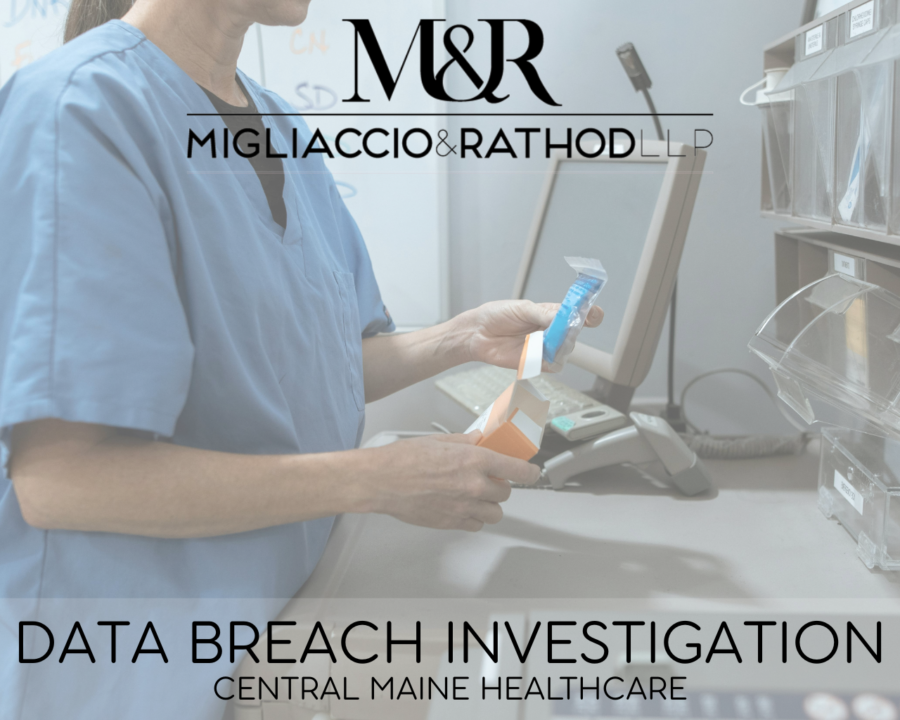 Graphic announcing the Central Maine Healthcare data breach investigation, featuring the Migliaccio & Rathod LLP logo and a background image of a healthcare worker.