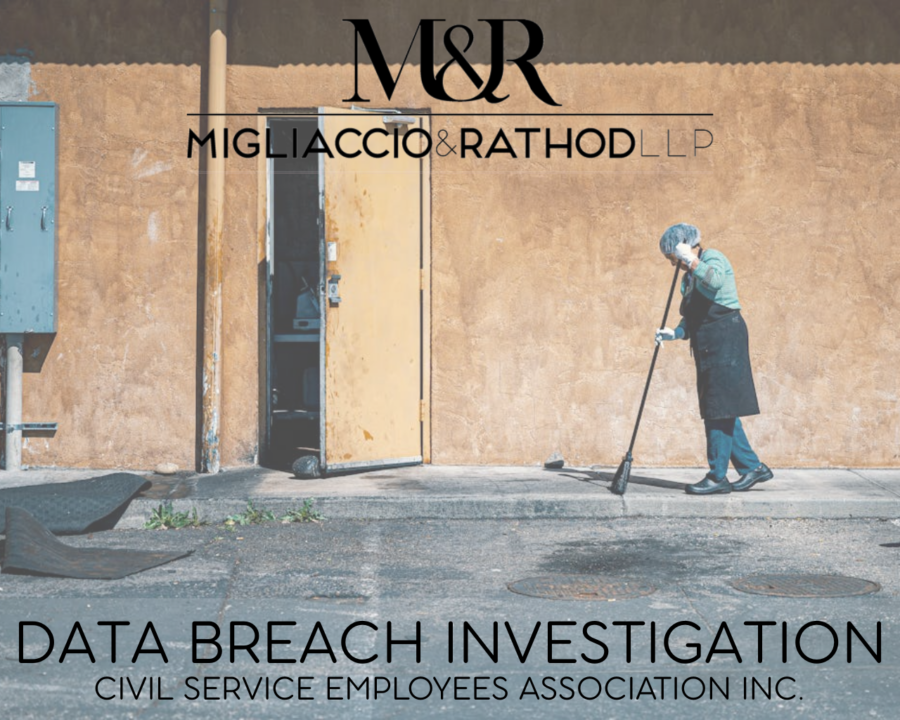 Graphic announcing the Civil Service Employees Association data breach investigation, featuring the Migliaccio & Rathod LLP logo and a background image of a service worker.